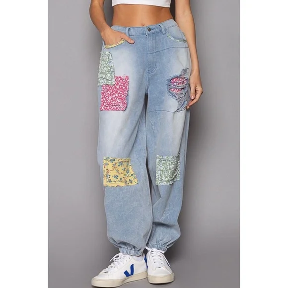 POL Light Wash Patchwork Boyfriend Jogger Jeans Lightweight - Picture 4 of 13
